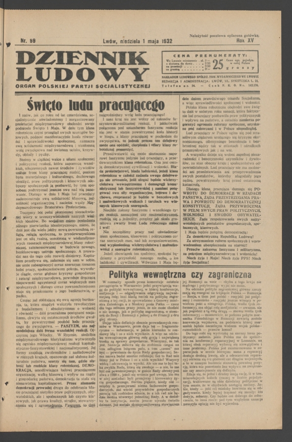 Dziennik Ludowy&nbsp;: organ Polskiej Partji Socjalistycznej. Rok&nbsp;15, 1932, numer&nbsp;99