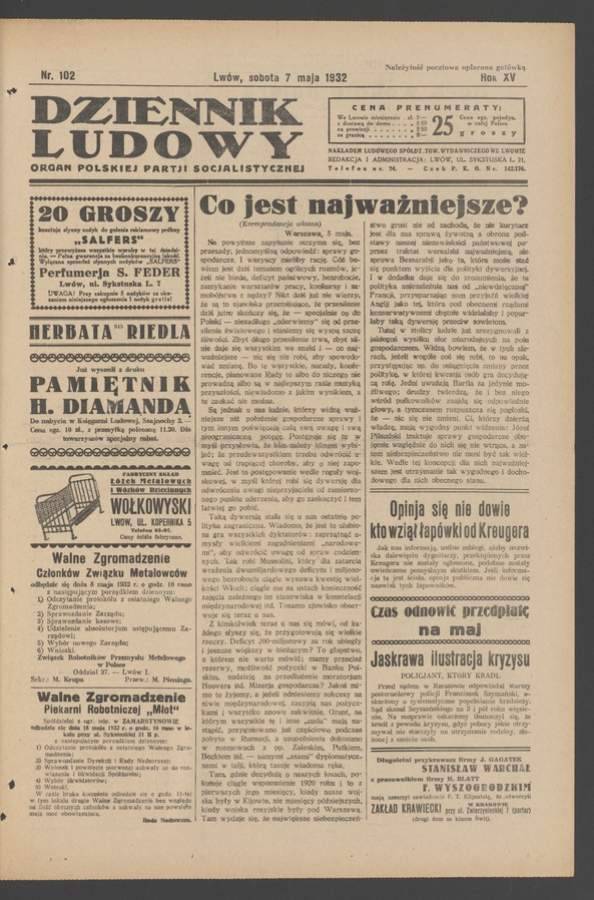 Dziennik Ludowy&nbsp;: organ Polskiej Partji Socjalistycznej. Rok&nbsp;15, 1932, numer&nbsp;102