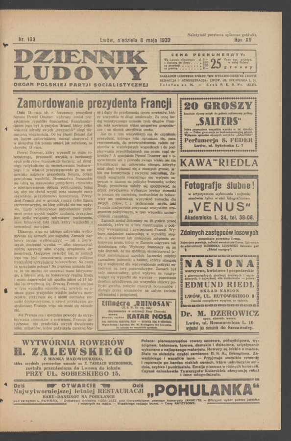 Dziennik Ludowy&nbsp;: organ Polskiej Partji Socjalistycznej. Rok&nbsp;15, 1932, numer&nbsp;103