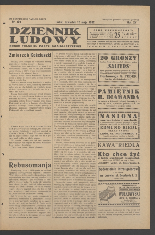 Dziennik Ludowy&nbsp;: organ Polskiej Partji Socjalistycznej. Rok&nbsp;15, 1932, numer&nbsp;106 (po&nbsp;konfiskacie nakład drugi)
