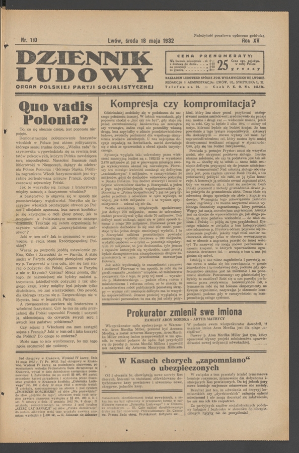 Dziennik Ludowy&nbsp;: organ Polskiej Partji Socjalistycznej. Rok&nbsp;15, 1932, numer&nbsp;110