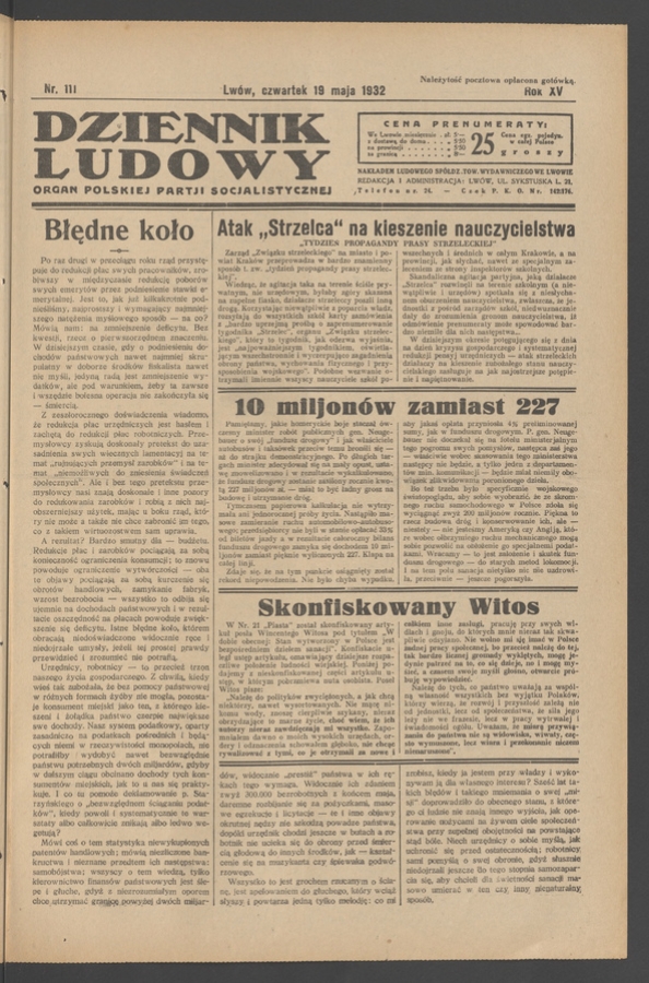 Dziennik Ludowy&nbsp;: organ Polskiej Partji Socjalistycznej. Rok&nbsp;15, 1932, numer&nbsp;111