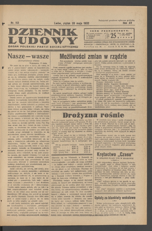Dziennik Ludowy&nbsp;: organ Polskiej Partji Socjalistycznej. Rok&nbsp;15, 1932, numer&nbsp;112