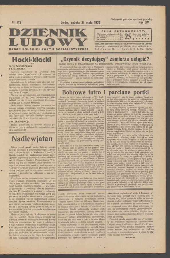 Dziennik Ludowy&nbsp;: organ Polskiej Partji Socjalistycznej. Rok&nbsp;15, 1932, numer&nbsp;113