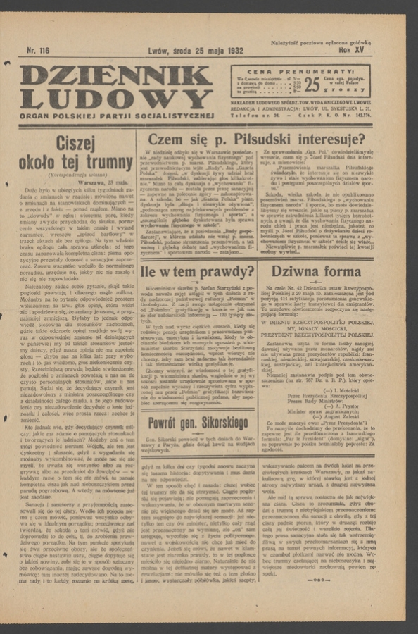 Dziennik Ludowy&nbsp;: organ Polskiej Partji Socjalistycznej. Rok&nbsp;15, 1932, numer&nbsp;116