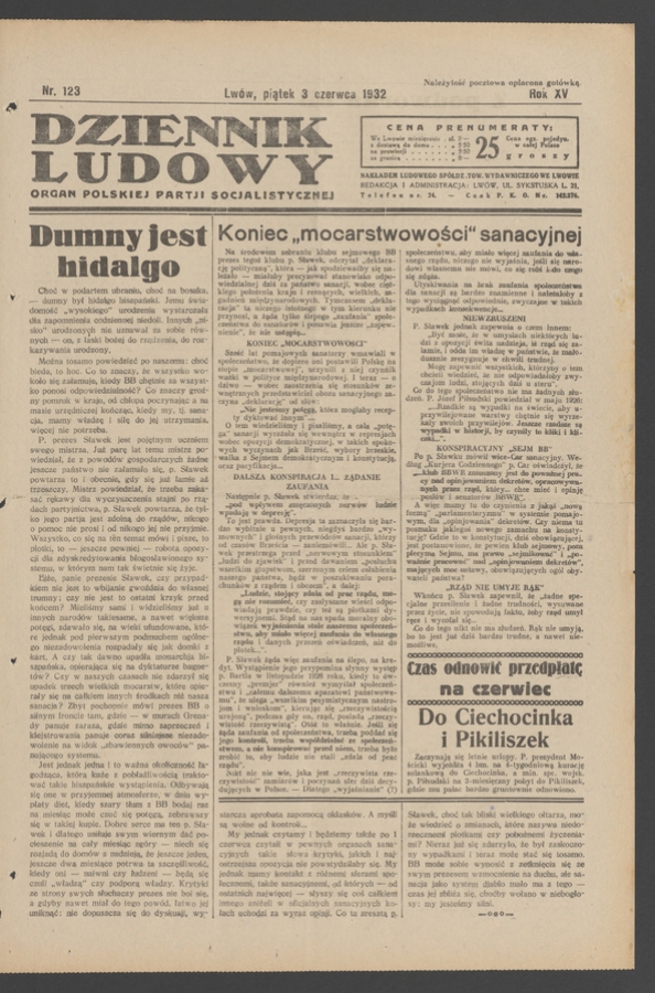 Dziennik Ludowy&nbsp;: organ Polskiej Partji Socjalistycznej. Rok&nbsp;15, 1932, numer&nbsp;123