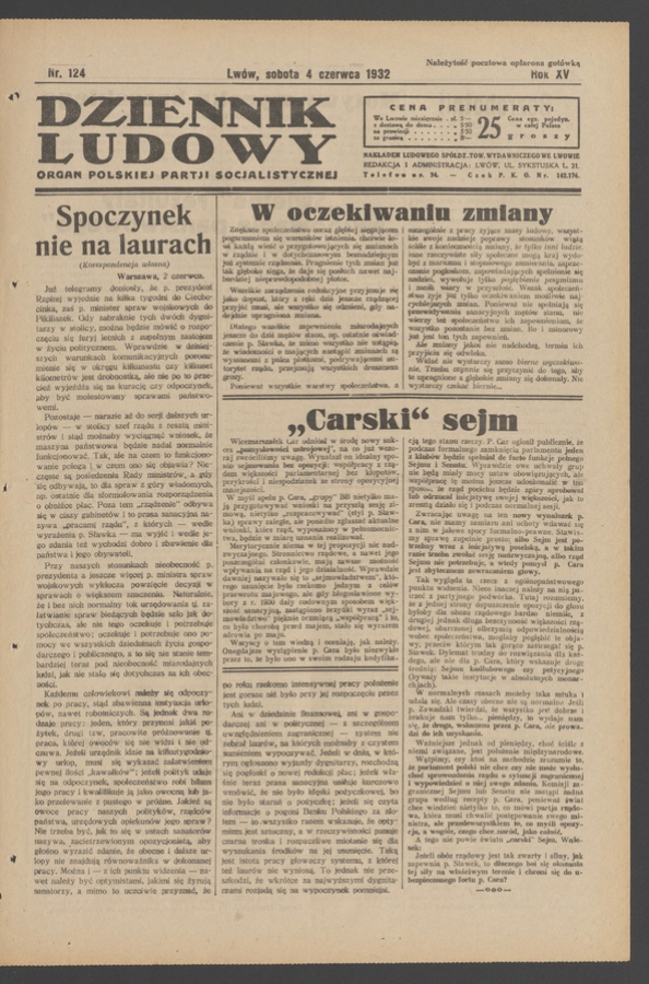 Dziennik Ludowy&nbsp;: organ Polskiej Partji Socjalistycznej. Rok&nbsp;15, 1932, numer&nbsp;124