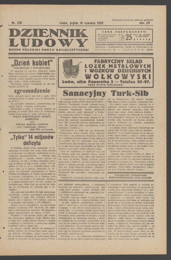 Dziennik Ludowy&nbsp;: organ Polskiej Partji Socjalistycznej. Rok&nbsp;15, 1932, numer&nbsp;129