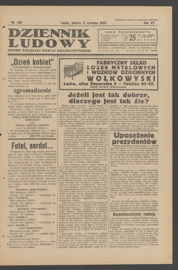 Dziennik Ludowy&nbsp;: organ Polskiej Partji Socjalistycznej. Rok&nbsp;15, 1932, numer&nbsp;130