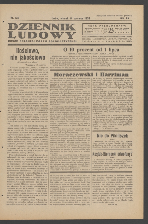 Dziennik Ludowy&nbsp;: organ Polskiej Partji Socjalistycznej. Rok&nbsp;15, 1932, numer&nbsp;132