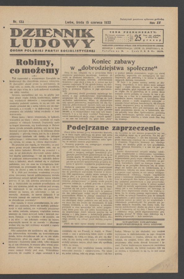 Dziennik Ludowy&nbsp;: organ Polskiej Partji Socjalistycznej. Rok&nbsp;15, 1932, numer&nbsp;133