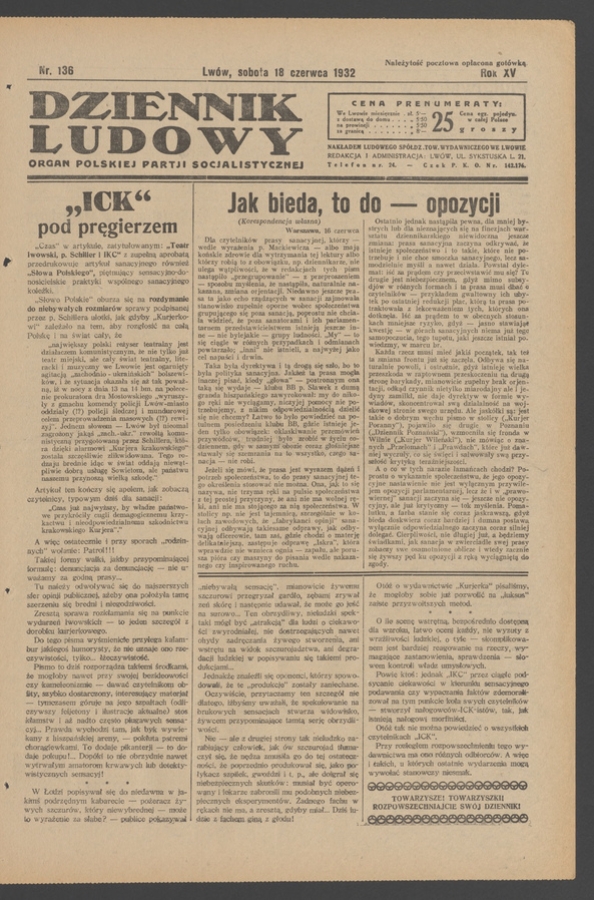 Dziennik Ludowy&nbsp;: organ Polskiej Partji Socjalistycznej. Rok&nbsp;15, 1932, numer&nbsp;136