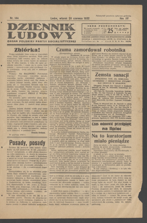 Dziennik Ludowy&nbsp;: organ Polskiej Partji Socjalistycznej. Rok&nbsp;15, 1932, numer&nbsp;144