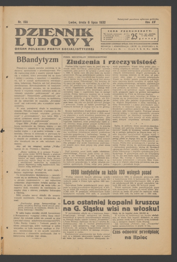 Dziennik Ludowy&nbsp;: organ Polskiej Partji Socjalistycznej. Rok&nbsp;15, 1932, numer&nbsp;150