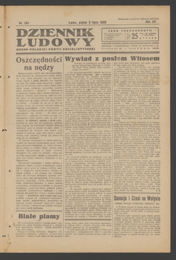 Dziennik Ludowy&nbsp;: organ Polskiej Partji Socjalistycznej. Rok&nbsp;15, 1932, numer&nbsp;152