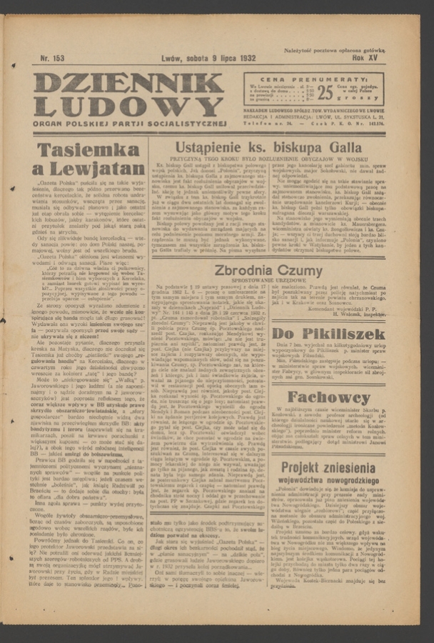 Dziennik Ludowy&nbsp;: organ Polskiej Partji Socjalistycznej. Rok&nbsp;15, 1932, numer&nbsp;153