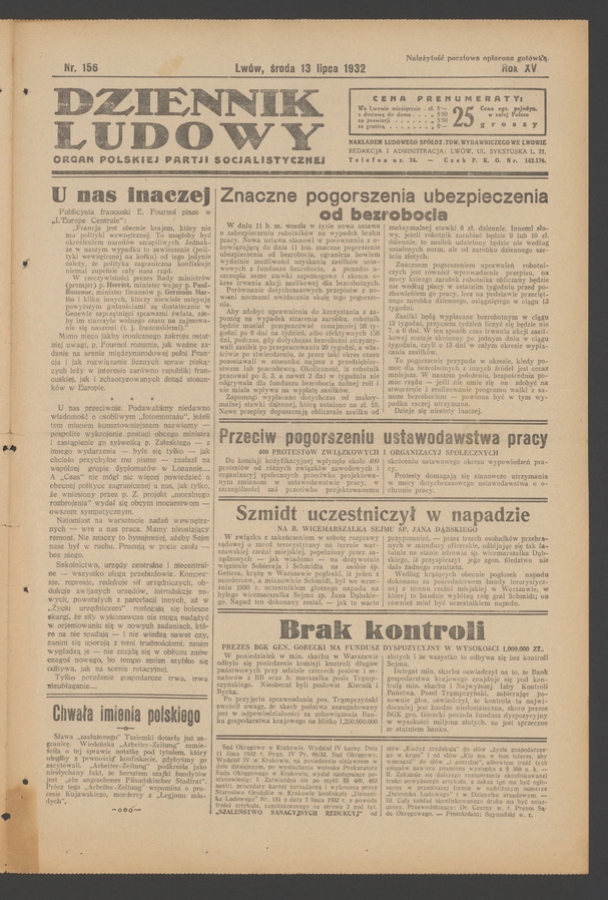 Dziennik Ludowy&nbsp;: organ Polskiej Partji Socjalistycznej. Rok&nbsp;15, 1932, numer&nbsp;156