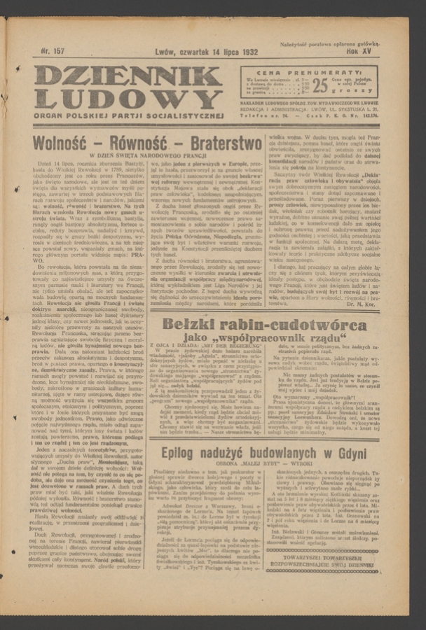 Dziennik Ludowy&nbsp;: organ Polskiej Partji Socjalistycznej. Rok&nbsp;15, 1932, numer&nbsp;157
