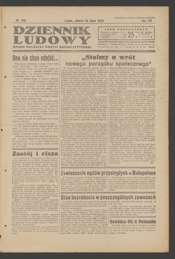 Dziennik Ludowy&nbsp;: organ Polskiej Partji Socjalistycznej. Rok&nbsp;15, 1932, numer&nbsp;159