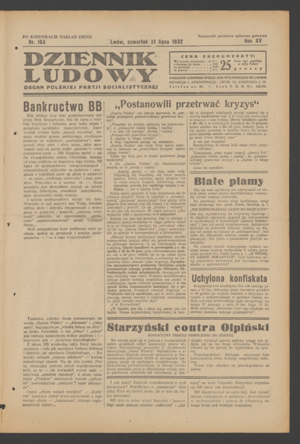 Dziennik Ludowy&nbsp;: organ Polskiej Partji Socjalistycznej. Rok&nbsp;15, 1932, numer&nbsp;163 (po&nbsp;konfiskacie nakład drugi)