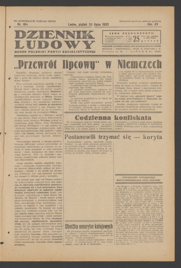 Dziennik Ludowy&nbsp;: organ Polskiej Partji Socjalistycznej. Rok&nbsp;15, 1932, numer&nbsp;164 (po&nbsp;konfiskacie nakład drugi)