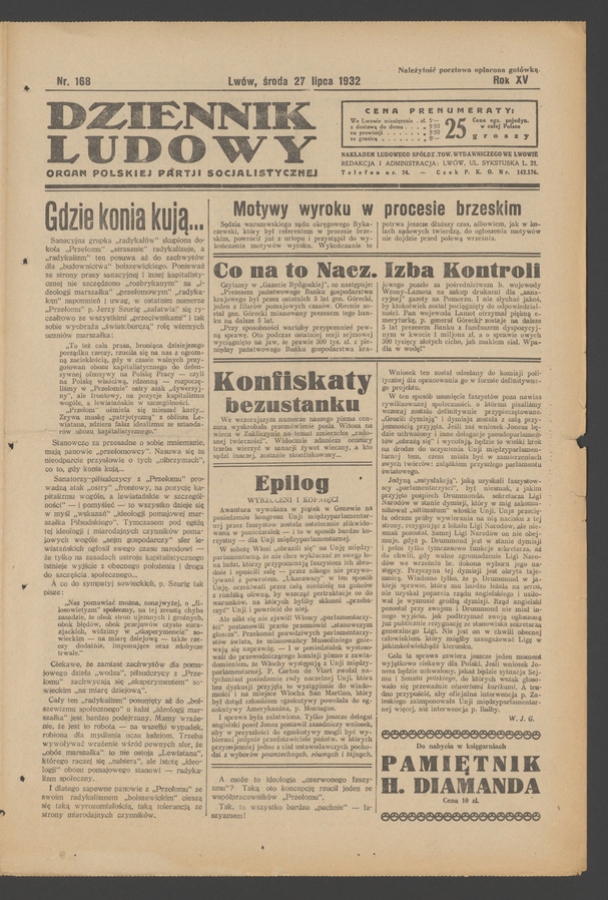 Dziennik Ludowy&nbsp;: organ Polskiej Partji Socjalistycznej. Rok&nbsp;15, 1932, numer&nbsp;168