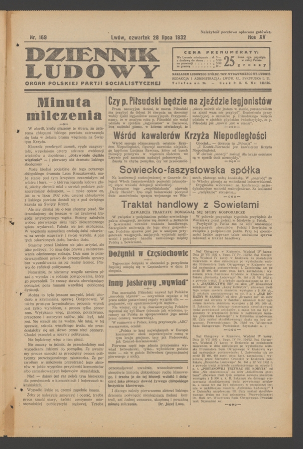 Dziennik Ludowy&nbsp;: organ Polskiej Partji Socjalistycznej. Rok&nbsp;15, 1932, numer&nbsp;169