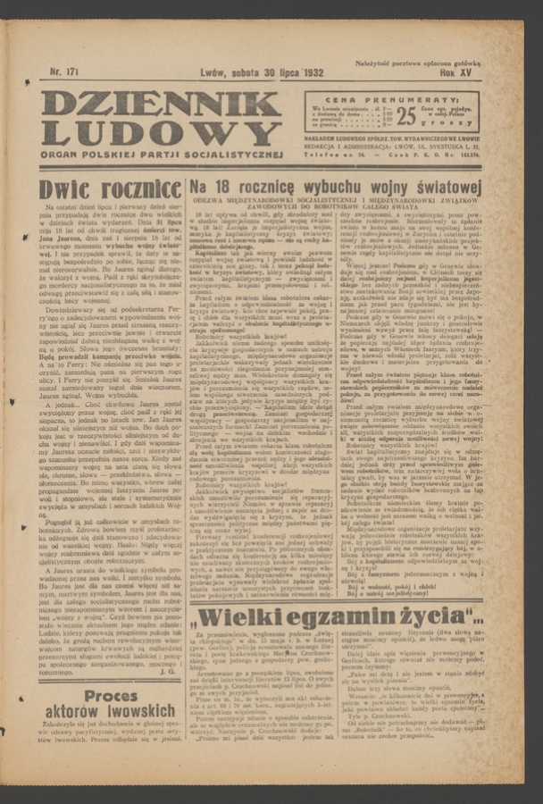 Dziennik Ludowy&nbsp;: organ Polskiej Partji Socjalistycznej. Rok&nbsp;15, 1932, numer&nbsp;171