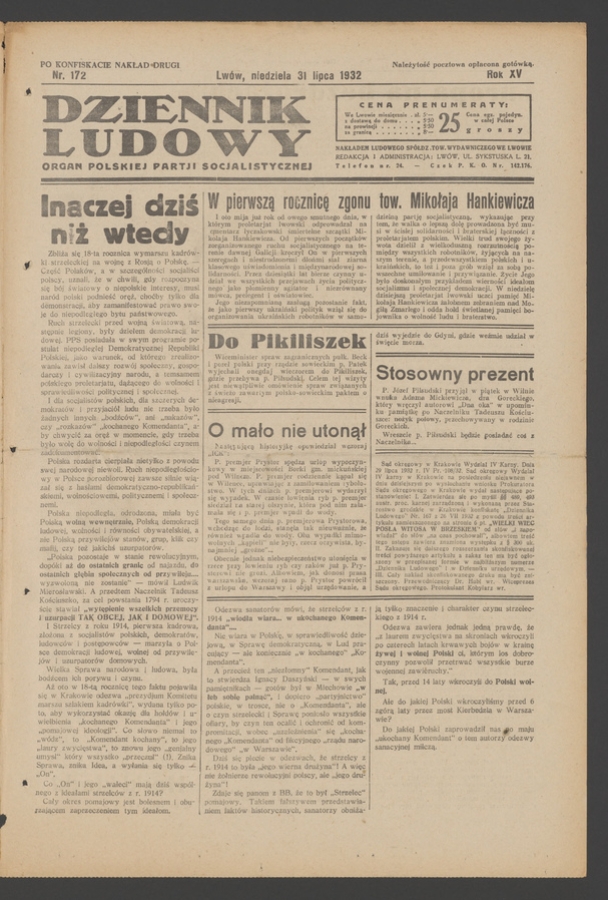 Dziennik Ludowy&nbsp;: organ Polskiej Partji Socjalistycznej. Rok&nbsp;15, 1932, numer&nbsp;172 (po&nbsp;konfiskacie nakład drugi)
