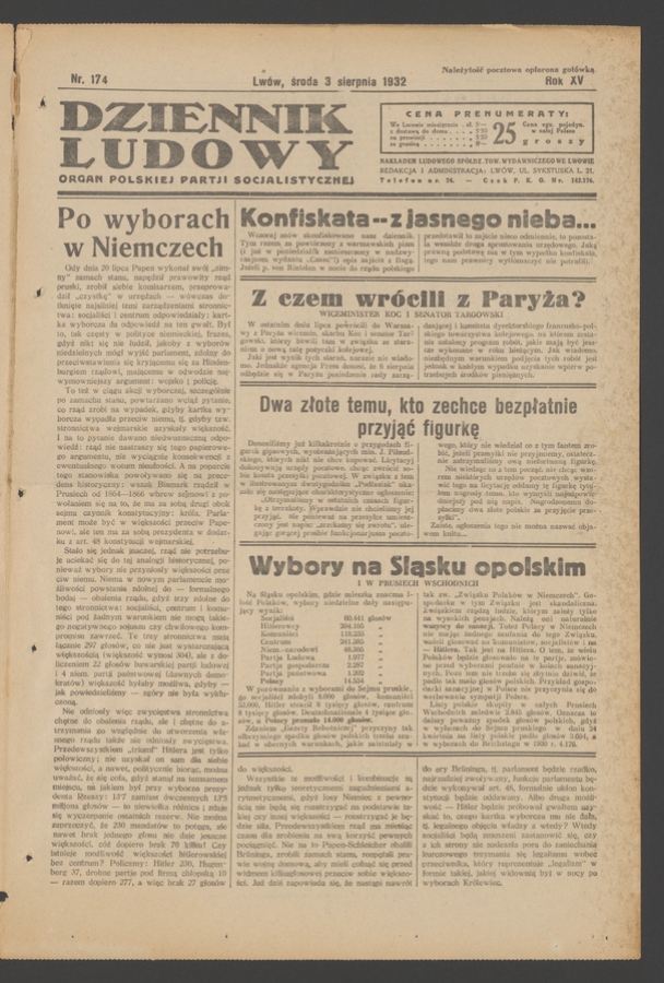 Dziennik Ludowy&nbsp;: organ Polskiej Partji Socjalistycznej. Rok&nbsp;15, 1932, numer&nbsp;174