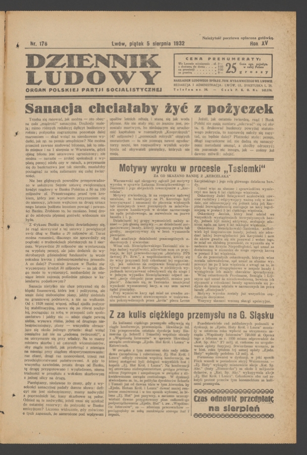 Dziennik Ludowy&nbsp;: organ Polskiej Partji Socjalistycznej. Rok&nbsp;15, 1932, numer&nbsp;176