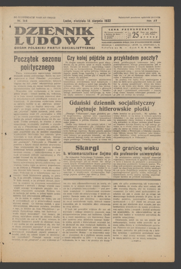 Dziennik Ludowy&nbsp;: organ Polskiej Partji Socjalistycznej. Rok&nbsp;15, 1932, numer&nbsp;184 (po&nbsp;konfiskacie nakład drugi)