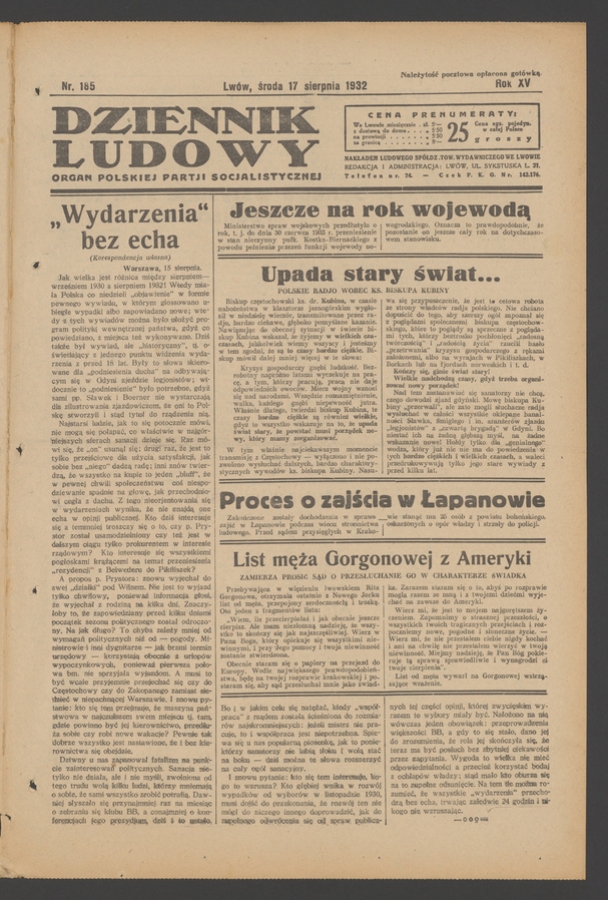Dziennik Ludowy&nbsp;: organ Polskiej Partji Socjalistycznej. Rok&nbsp;15, 1932, numer&nbsp;185