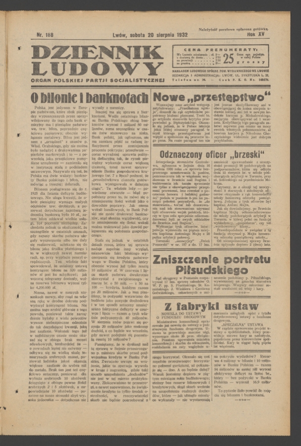 Dziennik Ludowy&nbsp;: organ Polskiej Partji Socjalistycznej. Rok&nbsp;15, 1932, numer&nbsp;188
