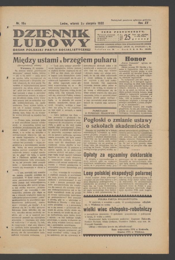 Dziennik Ludowy&nbsp;: organ Polskiej Partji Socjalistycznej. Rok&nbsp;15, 1932, numer&nbsp;190