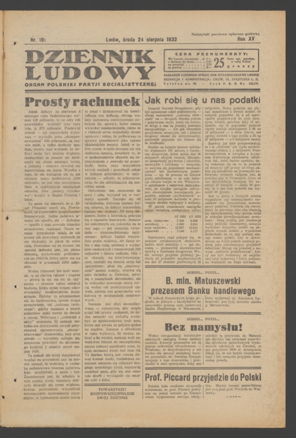 Dziennik Ludowy&nbsp;: organ Polskiej Partji Socjalistycznej. Rok&nbsp;15, 1932, numer&nbsp;191