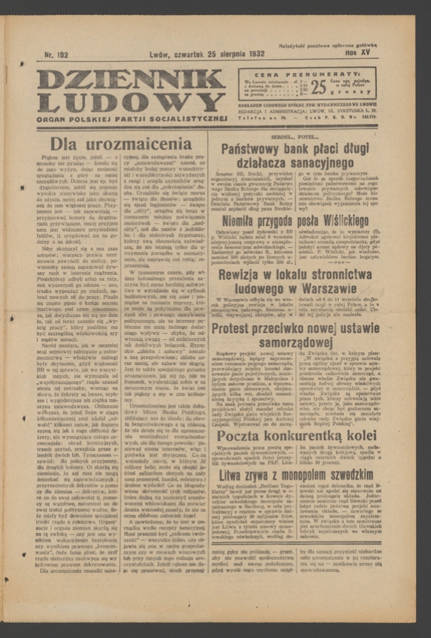 Dziennik Ludowy&nbsp;: organ Polskiej Partji Socjalistycznej. Rok&nbsp;15, 1932, numer&nbsp;192
