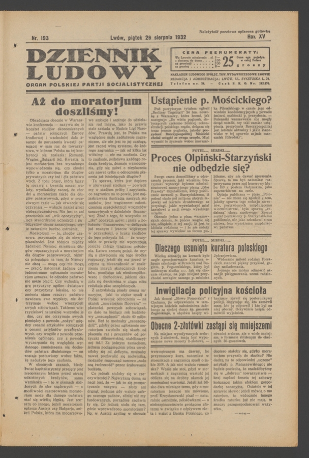 Dziennik Ludowy&nbsp;: organ Polskiej Partji Socjalistycznej. Rok&nbsp;15, 1932, numer&nbsp;193