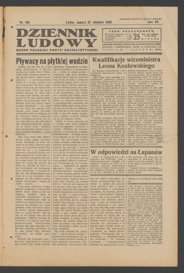 Dziennik Ludowy&nbsp;: organ Polskiej Partji Socjalistycznej. Rok&nbsp;15, 1932, numer&nbsp;194