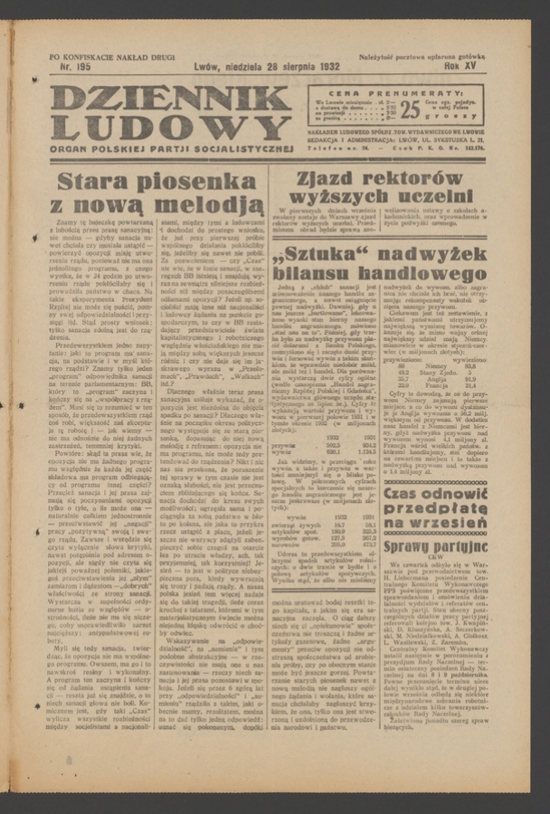 Dziennik Ludowy&nbsp;: organ Polskiej Partji Socjalistycznej. Rok&nbsp;15, 1932, numer&nbsp;195 (po&nbsp;konfiskacie nakład drugi)