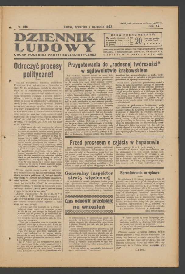 Dziennik Ludowy&nbsp;: organ Polskiej Partji Socjalistycznej. Rok&nbsp;15, 1932, numer&nbsp;198