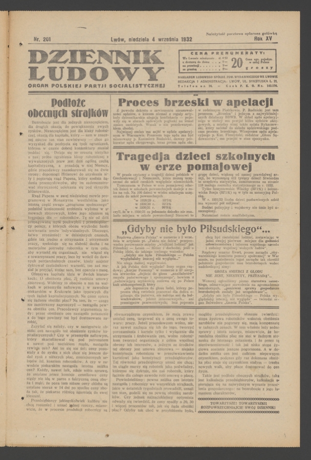 Dziennik Ludowy&nbsp;: organ Polskiej Partji Socjalistycznej. Rok&nbsp;15, 1932, numer&nbsp;201