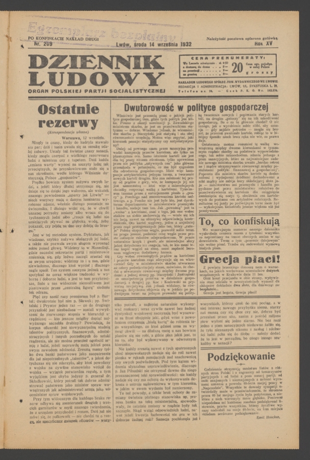 Dziennik Ludowy&nbsp;: organ Polskiej Partji Socjalistycznej. Rok&nbsp;15, 1932, numer&nbsp;209 (po&nbsp;konfiskacie nakład drugi)