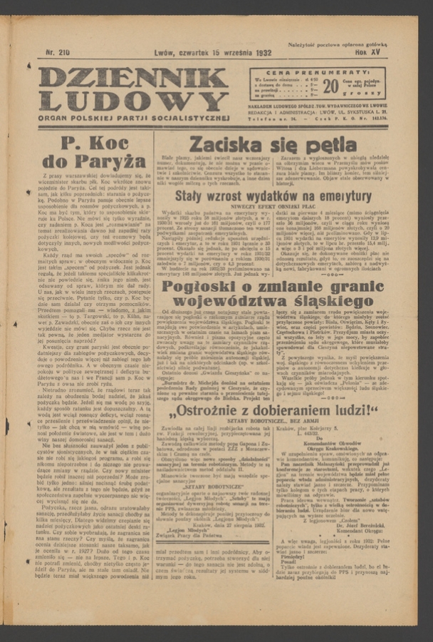 Dziennik Ludowy&nbsp;: organ Polskiej Partji Socjalistycznej. Rok&nbsp;15, 1932, numer&nbsp;210