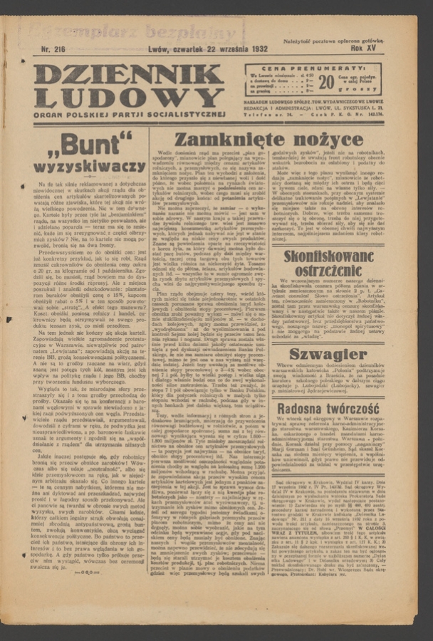 Dziennik Ludowy&nbsp;: organ Polskiej Partji Socjalistycznej. Rok&nbsp;15, 1932, numer&nbsp;216