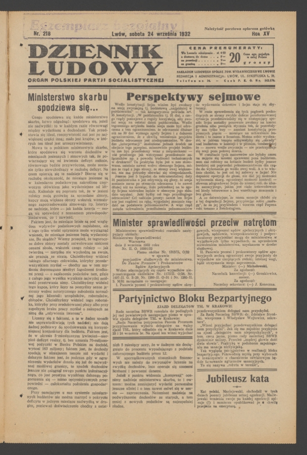 Dziennik Ludowy&nbsp;: organ Polskiej Partji Socjalistycznej. Rok&nbsp;15, 1932, numer&nbsp;218