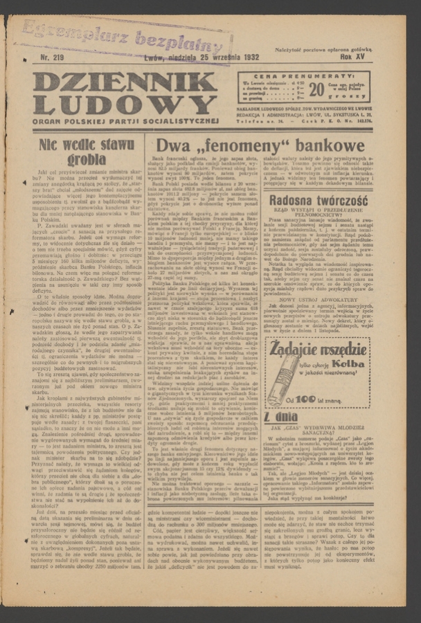 Dziennik Ludowy&nbsp;: organ Polskiej Partji Socjalistycznej. Rok&nbsp;15, 1932, numer&nbsp;219