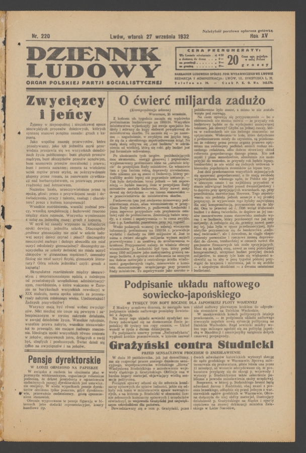 Dziennik Ludowy&nbsp;: organ Polskiej Partji Socjalistycznej. Rok&nbsp;15, 1932, numer&nbsp;220