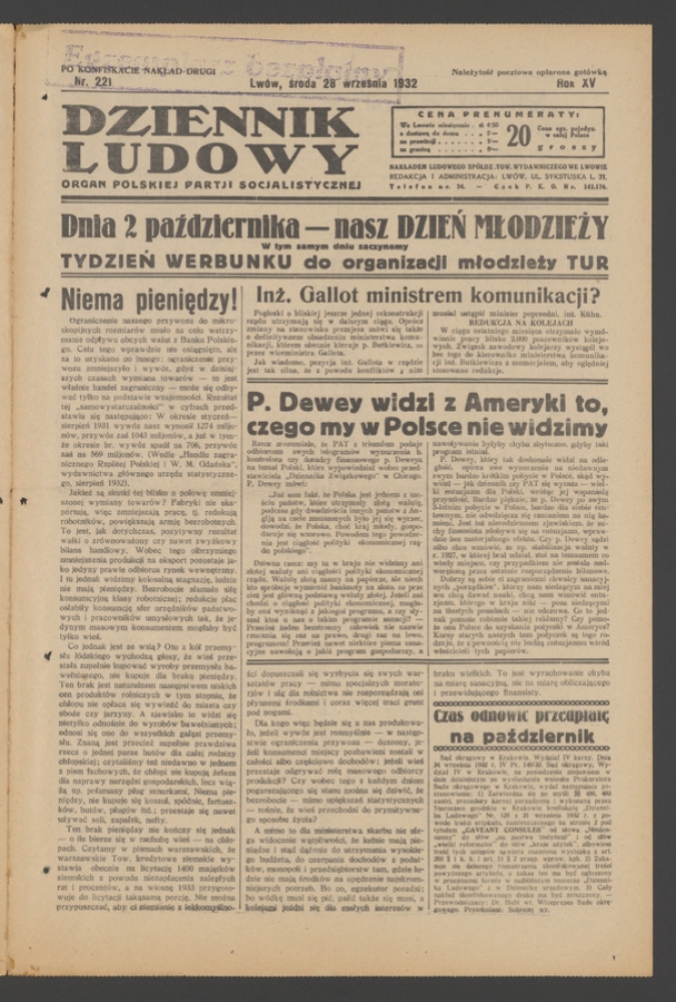 Dziennik Ludowy&nbsp;: organ Polskiej Partji Socjalistycznej. Rok&nbsp;15, 1932, numer&nbsp;221 (po&nbsp;konfiskacie nakład drugi)