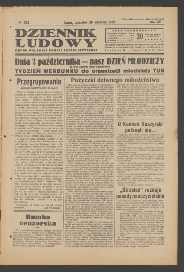Dziennik Ludowy&nbsp;: organ Polskiej Partji Socjalistycznej. Rok&nbsp;15, 1932, numer&nbsp;222
